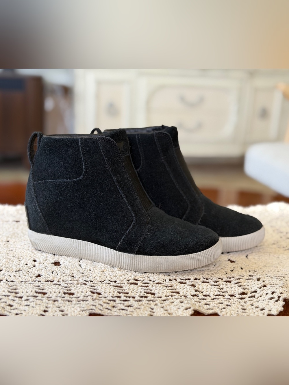 Sorel Black Suede Wedge Ankle Booties with White Sole
